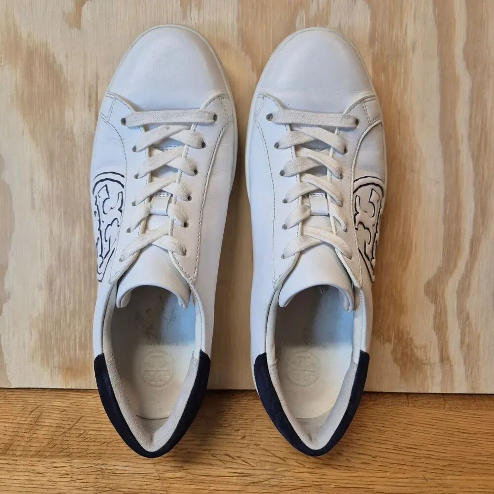 Tory Burch Women's T Logo Leather Sneakers White Navy Size 7M Low Top